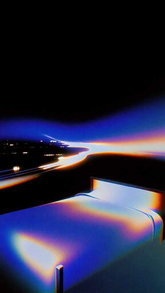 minimalist bedroom interior, bed frame silhouette overlooking a nocturnal metropolitan vista, high-contrast black background, vibrant light trails in electric blue and glowing orange tracing the city's horizon, prism-refracted spectral glows, soft focus chromatic aberration on sharp edges, retro-futuristic 70s aesthetic, sleek geometric lines, ethereal light bloom, dark cinematic atmosphere, long exposure light streaks, crisp white highlights, elegant tech-noir composition.