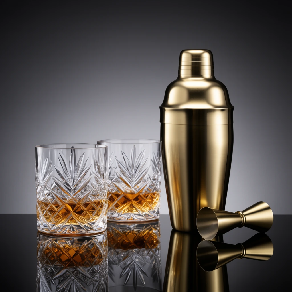 cut-crystal glasses with amber liquid, brushed gold cocktail shaker and bar tools, dark glossy surface with reflections, minimalist studio photography, gradient gray background