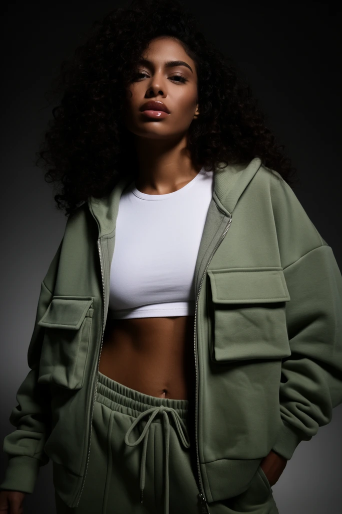 A portrait of a woman wearing an oversized sage green cargo tracksuit against a dark studio background. She has voluminous dark curly hair, glossy lips, and a confident forward gaze. A bright white crop top sits beneath an unzipped olive green hoodie featuring large flap-covered cargo pockets and a silver zipper. Her exposed midriff meets matching pants with a tied drawstring waist. Dramatic, low-key directional lighting casts deep shadows across the charcoal-grey gradient backdrop, highlighting the crisp fabric textures and bold streetwear silhouette in a high-fashion editorial style.