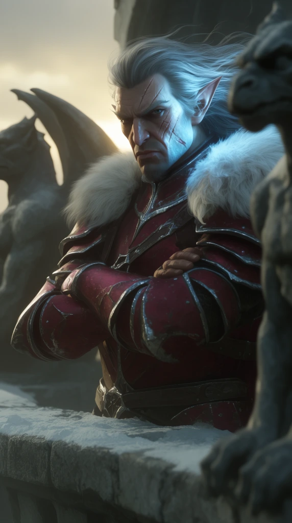 A grizzled elven commander stands tall with his arms securely crossed on a snowy stone parapet. He wears heavy crimson plate armor accented with tarnished silver trim and a thick white fur mantle draped over his broad shoulders. His expression is fierce and commanding, characterized by sharp, angular facial features, deep combat scars across his left cheek, and long, flowing silver hair blown back by the wind. In the foreground, the blurred stone wings of two massive gargoyles frame him on either side, creating a tight, imposing composition. The lighting is highly dramatic, featuring a striking, icy blue rim light illuminating the side of his face against a hazy, pale yellow sunrise in the background. The visual style is a highly detailed, painterly 3D rendering with deep, moody shadows, emphasizing the harsh textures of the metal armor and the intense, cinematic atmosphere.