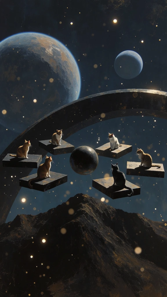 six cats on individual square platforms arranged in a radial circle around a central sphere, a dark mountain range spanning the foreground, a massive arch curving in the midground, two planets and scattered stars in the background, all rendered in a deep indigo and midnight blue palette, punctuated by brilliant golden specular highlights and glinting amber bokeh on every surface, high-contrast low-key lighting, cinematic chiaroscuro, velvety dark textures.