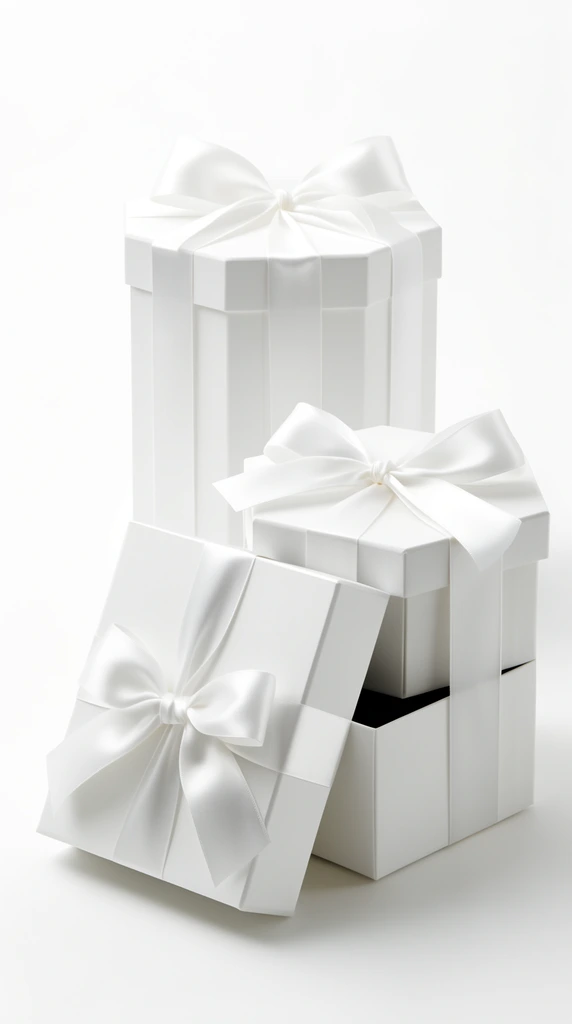pristine white luxury gift boxes, rectangular and tall hexagonal shapes, tied with crisp white satin ribbons and bows, one partially open with dark interior, stark white background, minimalist studio product photography, soft lighting