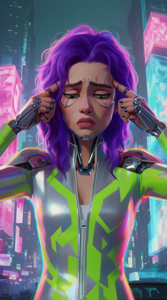 An exhausted cyborg woman with messy purple hair and metallic facial implants rubs her temples, wearing a silver and neon-green geometric jumpsuit. She stands before a cyberpunk metropolis filled with glowing pink and cyan holographic billboards. The stylized 3D animation features halftone dot textures, vivid chromatic aberration, and dramatic neon backlighting on her tired face.