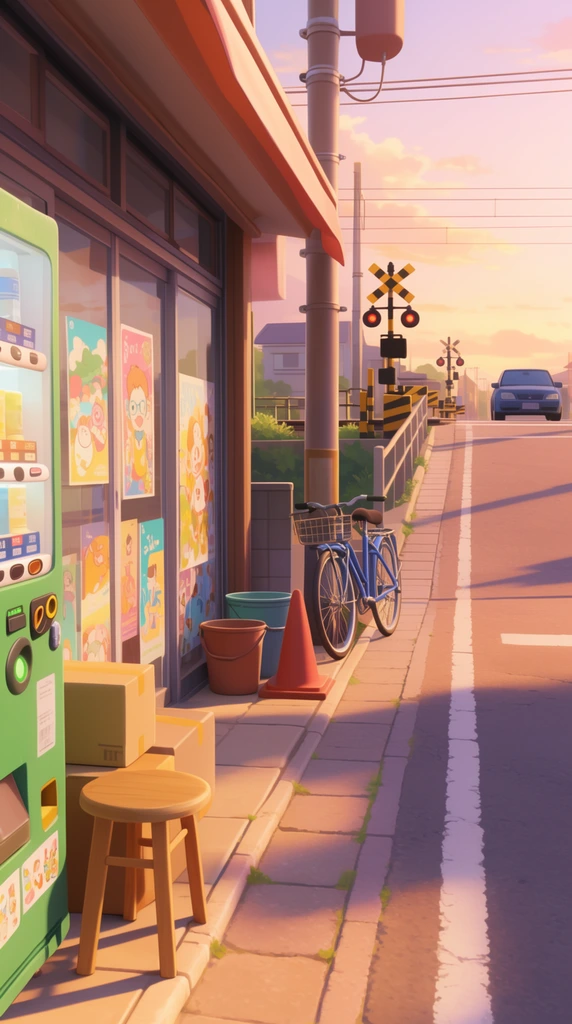 A 3D anime-style street corner bathed in warm golden hour light. A glass-fronted store features a green vending machine and colorful illustrated posters. A wooden stool, boxes, buckets, and a traffic cone sit nearby. A blue bicycle rests against a utility pole. The sidewalk borders an empty road sloping towards a railway crossing with a parked car. Long dramatic shadows emphasize the warm pastel sunset palette.