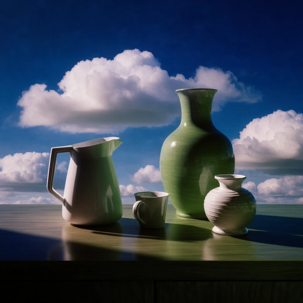collection of minimalist domestic objects including a white plastic pitcher and ceramic vase arranged on a polished light wood shelf, captured in the surreal aesthetic of the bliss landscape, vibrant emerald green accents, deep saturated cobalt blue background with puffy white cumulus clouds, sharp direct sunlight casting crisp hard shadows, hyper-clean cgi finish, ultra-smooth textures, dreamlike liminal space atmosphere, high contrast, vivid and ethereal