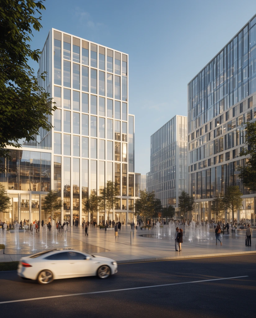modern commercial district architectural render, glass and white facade buildings, wide pedestrian plaza with fountains, moving white car on foreground street, scattered pedestrians, warm golden hour lighting, photorealistic 3D visualization