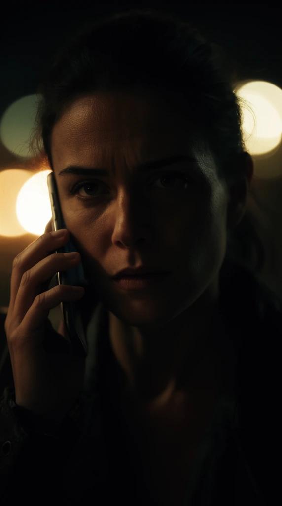 close-up of a woman holding a phone to her ear, serious expression, dark jacket, dramatic cinematic lighting, heavy facial shadows, dark background with luminous circular bokeh lights, shallow depth of field