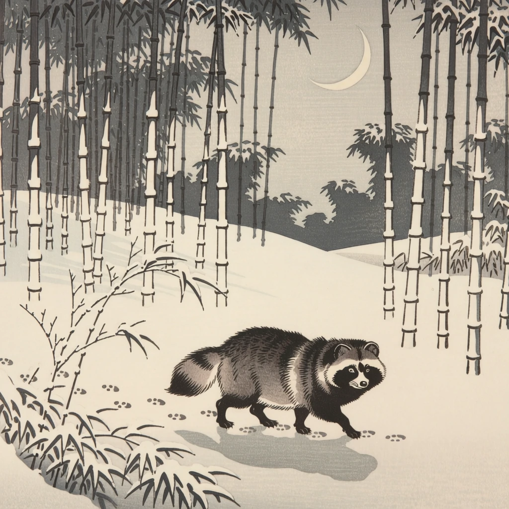 A tanuki walks through a snowy bamboo grove under the light of a slender crescent moon in a Japanese woodblock print. The central figure is a raccoon dog with thick, dark grey and black fur, a bushy tail, and distinctive mask-like markings around its large, alert eyes. It moves from right to left across the lower third of the frame, leaving a trail of small, circular paw prints in the smooth, white snow. Numerous thin, vertical bamboo stalks with segmented nodes rise from the snowy ground, creating a repetitive pattern of dark lines across the composition. In the upper right portion of the sky, a pale crescent moon glows against a light grey background, while darker, silhouetted shapes of bamboo foliage and distant trees add depth to the midground. A cluster of thin, leafless bamboo branches curves into the scene from the lower left corner, partially obscuring the foreground. The artwork utilizes a muted color palette of off-white, grey, and charcoal, with a flat, graphic style characteristic of the shin-hanga movement. The lighting is soft and even, suggesting a cold, quiet night, with the verticality of the bamboo providing a strong structural framework for the scene.