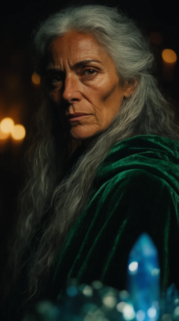 Close-up portrait of an older rugged woman with sharp cheekbones and long flowing silver hair, wearing a heavy emerald green velvet cloak, intense serious expression, dramatically lit with low-key cinematic lighting, deep shadows on the left side of her face, dark moody background with out-of-focus warm bokeh lights, blurred glowing blue crystal in the extreme foreground, shallow depth of field, 35mm film aesthetic, rich color grading