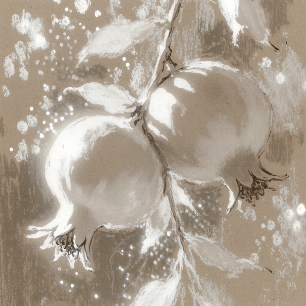 monochromatic impressionistic drawing of two pomegranates hanging from a branch with prominent crown-shaped calyxes, rendered in ethereal white chalk on warm textured tan kraft paper, high-contrast backlighting with glowing rim light effects, loose gestural strokes, a dreamy bokeh of white speckles mimicking shimmering light, organic painterly composition, soft focus grain, minimal palette of cream and light brown, tactile vintage aesthetic, shimmering and ethereal atmosphere