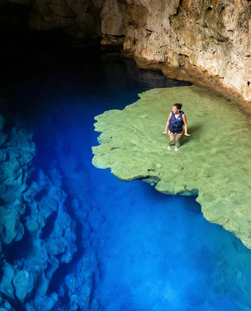 A high-angle view captures a woman wading in a large, subterranean body of water with strikingly clear, intensely blue water. She wears a dark blue personal flotation device over a swimsuit and stands in shallow water atop a submerged, irregularly shaped light-green rock shelf that juts out from a textured, beige and brown cave wall in the upper right. The water's clarity reveals deeper, rocky formations cascading downward into darkness on the left side, contrasting with the vibrant, luminous blue of the water on the right. The lighting appears natural, illuminating the shallow shelf and the woman while casting deep shadows in the recesses of the cave.