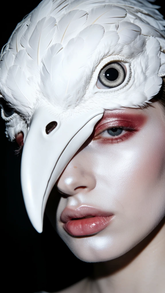 A close-up portrait features a person with pale, shimmering skin wearing an intricate white bird mask against a solid black background. The mask, resembling the head of an eagle, is covered in detailed white feathers and includes a large, curved white beak that extends down from the forehead over the bridge of the person’s nose. A realistic bird eye with a dark pupil and grey iris is visible on the right side of the headpiece. The person’s face has a pearlescent sheen, and their eyes are surrounded by shimmering reddish-pink eyeshadow. Their gaze is directed downward and toward the right. The person’s lips are full and finished with a subtle pink gloss. A dark, textured hood frames the left side of the face, contrasting with the bright white of the mask and the pale skin. The lighting is direct and sharp, emphasizing the minute textures of the feathers and the iridescent finish on the skin while casting deep shadows on the left side of the face and the background. The composition is an extreme close-up with a slightly elevated camera angle, focusing on the intersection of human and avian features.