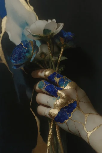 Celestial Gilded Surrealism style reference image — kintsugi gold leaf