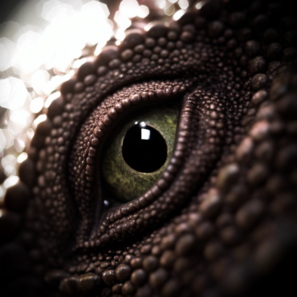 A cinematic macro shot of a reptilian eye surrounded by highly textured, densely packed spherical scales. The central eye features a mottled olive-green iris and a perfectly round, glossy black pupil catching a sharp, bright rectangular reflection. Concentric rows of tiny, dark bronze, pebble-like nodes radiate outward from the eye opening, forming the creature's skin. A dramatic, shallow depth of field isolates the sharpest details around the eyelid rim, while the surrounding scales rapidly dissolve into heavy blur. Intense, blown-out white highlights dominate the upper left corner, fracturing into glowing hexagonal and circular bokeh shapes, contrasting starkly against the deep, shadowy vignette engulfing the outer edges of the composition.