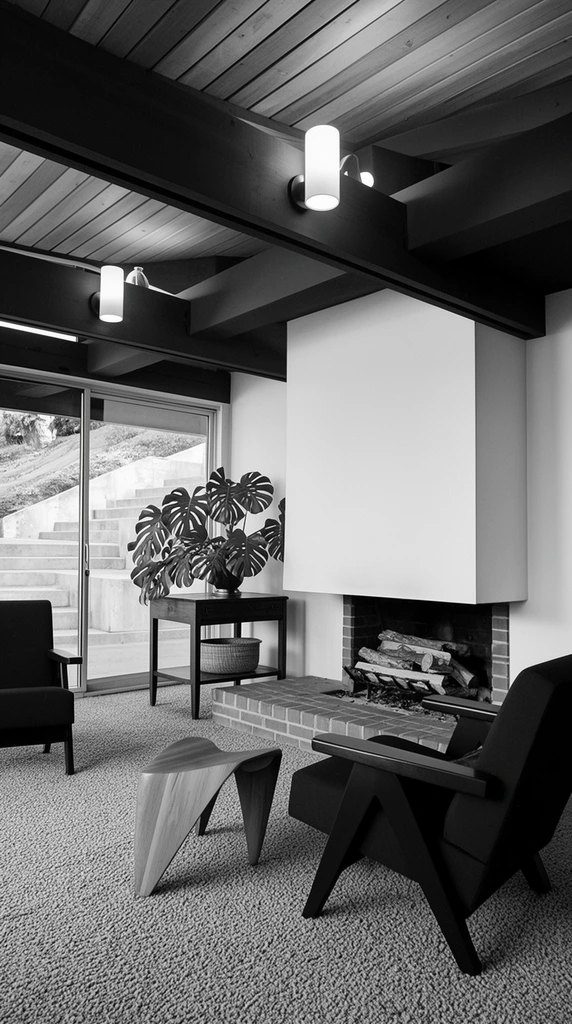 A black-and-white architectural photograph of a mid-century modern living room defined by exposed structural beams, a stark white fireplace, and minimalist furniture. Heavy dark beams crisscross beneath a wood-paneled ceiling, holding glowing cylindrical wall sconces. A large white rectangular fireplace hood dominates the wall above a low brick hearth filled with wooden logs. To the left, sliding glass doors reveal a bright outdoor concrete staircase built into a sloping hillside. A lush Monstera plant rests on a dark wooden side table containing a woven basket on its lower shelf. The foreground features a heavily textured carpet, an angular dark lounge chair on the right, a matching armchair on the left, and a sculpted asymmetrical wooden footstool in the center, emphasizing strong geometric contrasts and deep depth of field.