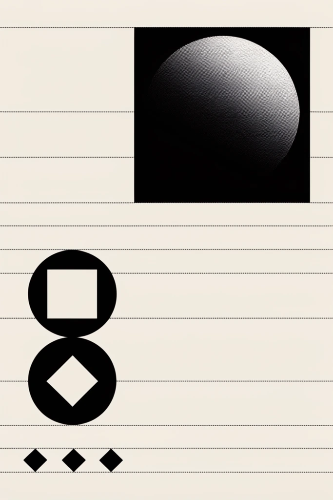Minimalist geometric graphic design on a cream background, structured by thin horizontal dotted lines forming precise bands. A prominent black square in the upper right contains a partial circle rendered with a halftone stippled gradient. The bottom left features stark black geometric figures: circles framing a white square and diamond, followed by three small black diamonds. The aesthetic is stark, grid-aligned, and strictly monochromatic.