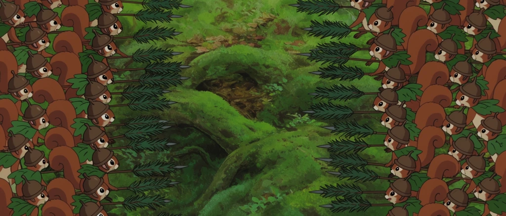 high-angle view, opposing armies of anthropomorphic squirrels, acorn helmets, leaf cloaks, pine needle spears, clashing on a mossy forest floor, vintage 2D animation style, earthy green palette
