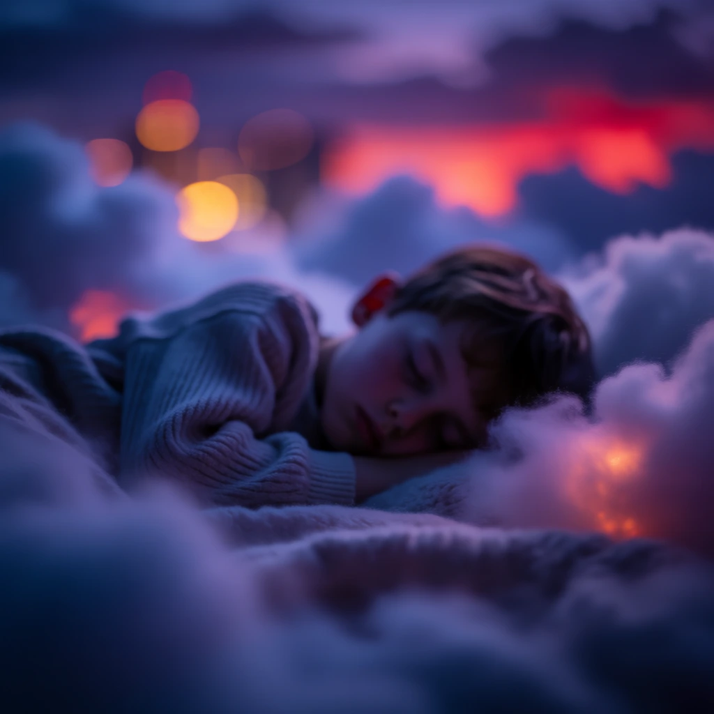 vertical orientation, heavy bokeh aesthetic, extremely shallow depth of field, dreamlike soft focus, a young boy sleeping soundly on layers of plush cumulus clouds, moody dusk color palette of deep indigo and periwinkle, warm amber and ruby red circular light leaks mimicking distant city lights, cinematic film grain, ethereal low-light atmosphere, golden hour highlights, hazy textures, minimalist composition with soft edges, painterly light-streaks, out of focus urban glow