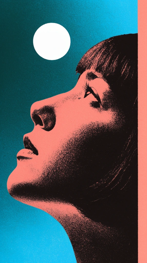 A high-contrast graphic portrait of a figure looking upwards in a low-angle profile view, rendered with a retro screen-print and risograph aesthetic. Heavy stippling and coarse grain texture give the composition a tactile printed quality. The face is stylized in a duotone palette, utilizing deep black for dense shadows and vibrant peachy-pink for the highlights. Dark hair with blunt bangs frames the right side. The background is a striking gradient shifting from deep teal to vivid cyan. A solid white circular graphic floats near the forehead. A narrow vertical band of peach runs down the extreme right edge, completing the bold graphic treatment.