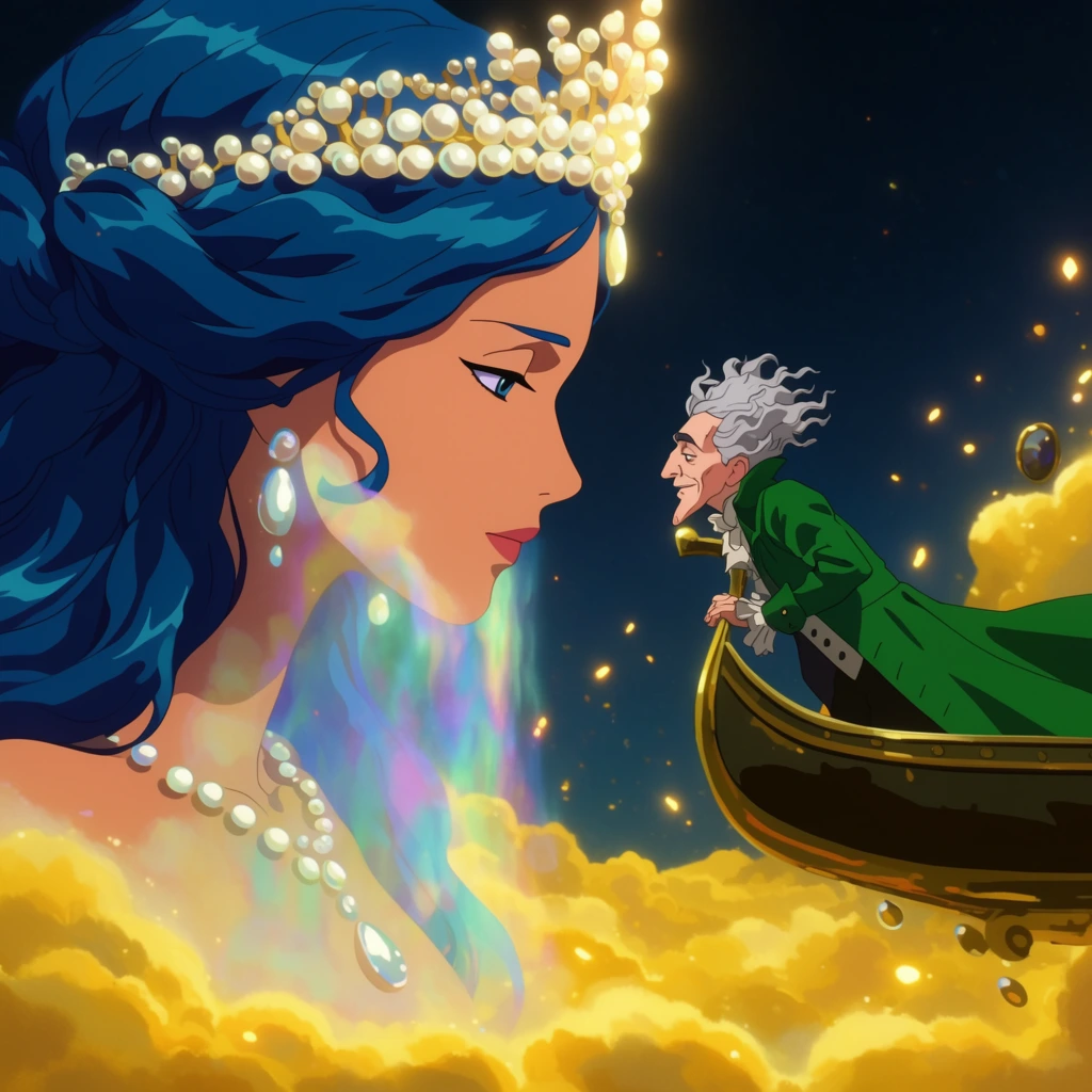 A colossal woman with deep aquatic blue hair and a radiant pearl crown emerges from a sea of glowing golden clouds. She gazes calmly at a tiny man with wild silver hair and an emerald green coat, who leans over the edge of a floating brass gondola. Iridescent mist cascades down her face. The scene features a vibrant 2D animation style with striking flat colors, extreme scale differences, cinematic lighting, and glowing light fragments against a deep night sky.