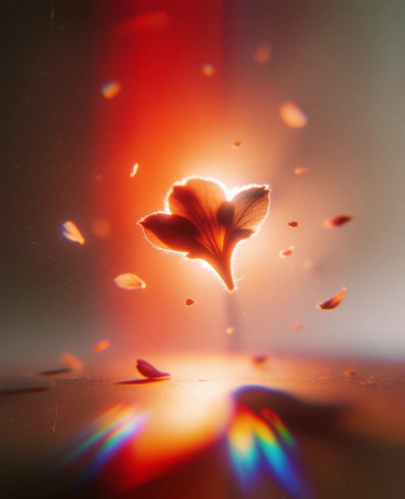 minimalist composition of a solitary central flower petal suspended in air and surrounded by drifting petals, intense backlighting creating a glowing rim-light silhouette, soft-focus ethereal atmosphere with a heavy pro-mist diffusion, rich chromatic aberration and prismatic light refractions at the bottom edge, coarse analog film grain, color palette of fiery orange and deep crimson gradients against a cool muted background, dramatic light pool on the floor, high-contrast dreamlike mood