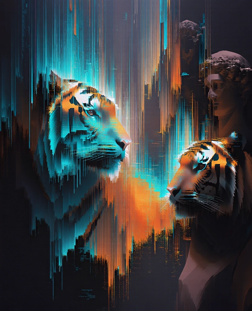 glitch art style, pixel sorted composition, two majestic tigers positioned beside two ornate classical statues, vertical digital distortion, long streaks of cyan and vibrant orange, dark charcoal background, data corruption aesthetic, jagged edges, high contrast bioluminescent glow, vertical lines of varying lengths, melting digital information, abstract textures, cinematic lighting, sharp details, glitchy atmosphere.