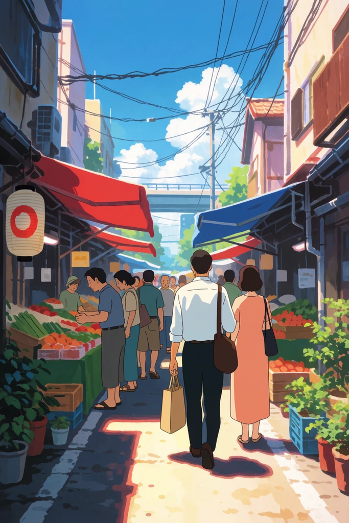 A 2D anime-style illustration of pedestrians strolling down a sunlit street market. In the foreground, a man with a white shirt and dark trousers walks away from the viewer, carrying a brown shoulder bag and paper tote alongside a woman in a long peach dress. Ahead, diverse locals browse produce stalls sheltered by red and blue awnings. The narrow alley is framed by a hanging paper lantern, potted plants, and intersecting overhead power lines against a bright blue sky with fluffy clouds. A distant elevated bridge completes the background. Cinematic high-contrast lighting and sharp cast shadows define the warm afternoon atmosphere.