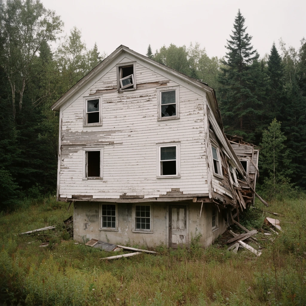 A severely dilapidated two-story house stands isolated in an overgrown field of tall weeds, surrounded by dense evergreen and deciduous forest under a flat, overcast sky. The structure features peeling white clapboard siding and is actively collapsing, with the right side leaning dramatically and exposing structural beams. The upper floor overhangs a worn concrete foundation level equipped with a weathered door and paneled windows. Multiple square windows across the facade have broken or missing panes, while a small attic window sits crookedly within the front gable. Fallen debris and loose wooden boards are scattered across the overgrown grass around the base. The photograph employs a documentary style with straight-on framing, capturing the rural decay through a muted, naturalistic color palette and soft, diffused lighting.