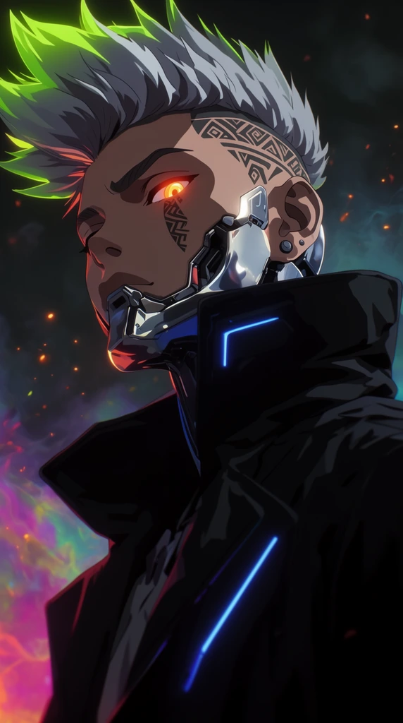 anime-style portrait of a futuristic cyborg youth, low-angle shot gazing directly at the viewer, glowing neon orange eye, sleek chrome cybernetic jaw plate, geometric tribal tattoo, spiky silver hair with glowing neon green tips, wearing a heavy black high-collar trench coat with blue LED strips, dark dystopian background, swirling neon smog, floating ember particles, deep shadows, dramatic rim lighting, high-quality 2D animation style, sharp cel shading