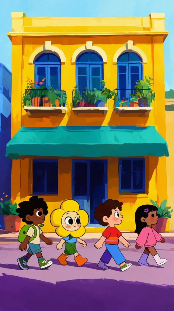 Four diverse cartoon children, including one with a yellow flower head, walk across a purple-shadowed street. Behind them is a bright yellow two-story building with arched blue windows, plant-filled balconies, and a teal awning. The 2D illustration uses vibrant colors, painterly textures, and sharp cast shadows.