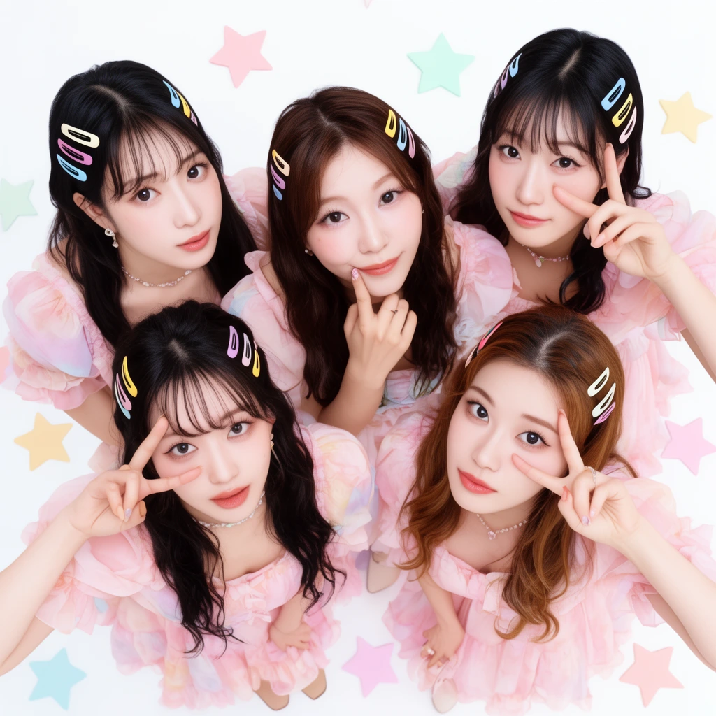 Five women looking up into high-angle lens, playful poses, pastel pink ruffled dresses, colorful hair clips, scattered pastel stars on white background