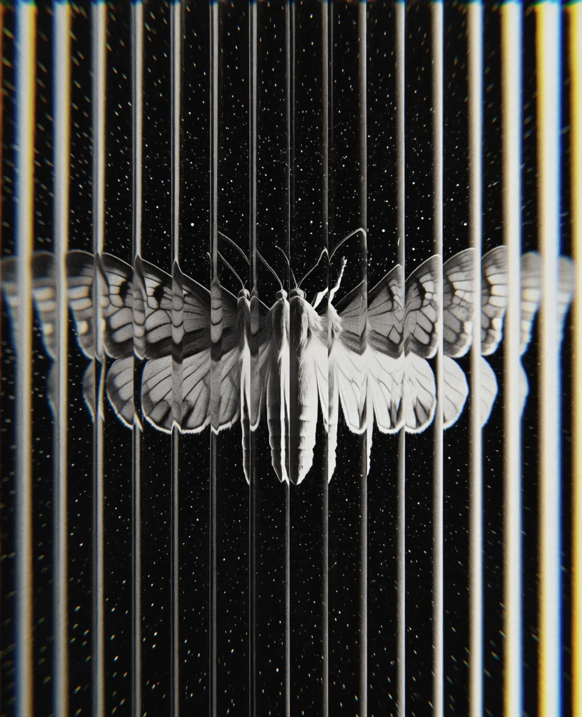 a single moth with spread wings centered against a starry background, viewed through vertical fluted glass panes creating segmented horizontal motion blur and stepped refraction, high-contrast monochrome palette, sharp prismatic chromatic aberration on high-frequency edges, heavy digital grain and tactile print noise, minimalist swiss design aesthetic, subtle yellow and blue color fringing, flat diffused lighting, industrial 3d glass exploration style, structured grid composition