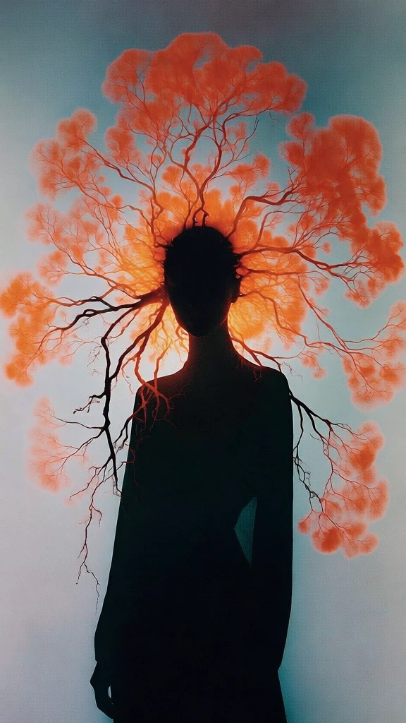 surreal avant-garde photography, centered silhouette of a figure in deep black, a radiant halo of intricate botanical branching twigs and woody stems in vibrant translucent orange, delicate organic textures extending outwards in a circular burst, ethereal saffron glow, high contrast lighting, soft teal to pale gray gradient background, cinematic film grain, minimalist and symmetrical composition, organic surrealism, moody atmospheric lighting