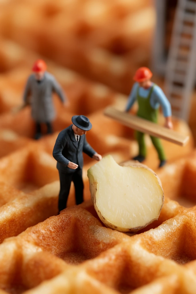 Macro photograph of miniature construction worker figures standing on a giant golden-brown waffle landscape. In sharp focus, a tiny man in a dark hat examines a chunky, pale root vegetable resting on the waffle's grid edge. The soft-focus midground reveals a worker in green overalls carrying a long plank and another figure in a gray coat. A shallow depth of field blurs background elements including a tiny ladder. Warm lighting emphasizes the waffle's textured, baked surface.