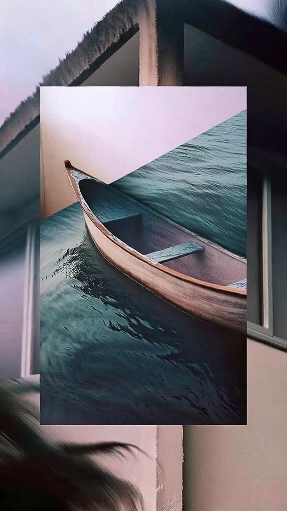 surrealist digital collage, sharp-edged rectangular inset, scale juxtaposition, background features a soft-focus macro view of a concrete building with windows among dense foliage, foreground inset depicts a sharp hard-cut crop of a single narrow boat resting on calm deep-teal water, muted cinematic palette, high-signal editorial photography, fine-grain film texture, diffuse natural light, minimalist high-key composition, architectural abstraction, hard-edged masking, crisp detail.