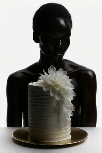 High-Contrast Sculptural Minimalism style reference image — intense gaze