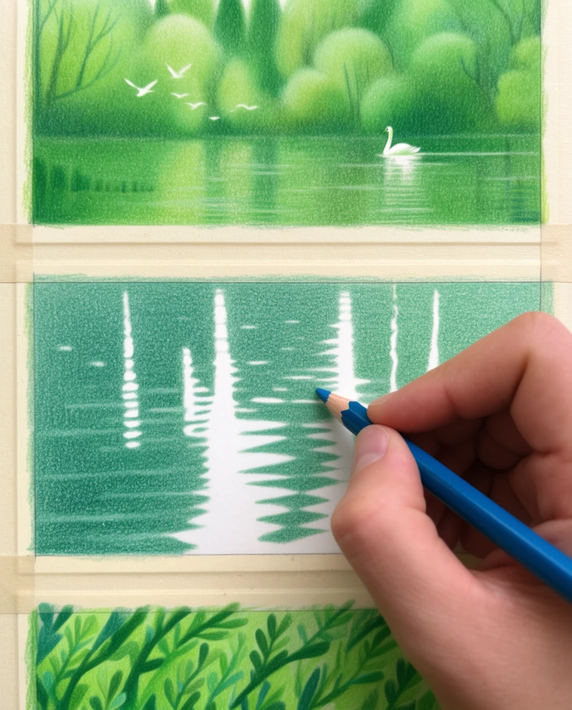 A right hand holding a blue colored pencil works on a multi-paneled landscape illustration rendered in lush green hues. The hand enters from the bottom right, pressing the pencil tip onto the middle panel of a vertically stacked triptych separated by beige masking tape. The top panel depicts a serene lake scene featuring soft-focus trees, a floating white swan, and birds in flight. The middle panel displays an abstract close-up of water ripples with stark white vertical light reflections against a grainy sea-green background. The partially visible bottom panel reveals stylized green foliage. Shot from a top-down perspective, the photograph highlights the tactile texture of colored pencil strokes on paper, contrasting the vibrant monochrome artwork with the hand's natural skin tones under bright, even lighting.