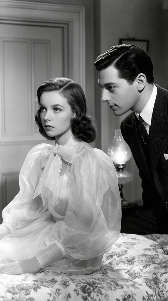 vintage black and white film still, young woman in a sheer dress with large puffed sleeves and a neck bow looking away pensively, man leaning toward her in a dark tailored suit, bedroom setting, paneled door, floral bedspread, glass lamp, classic Hollywood cinematic lighting