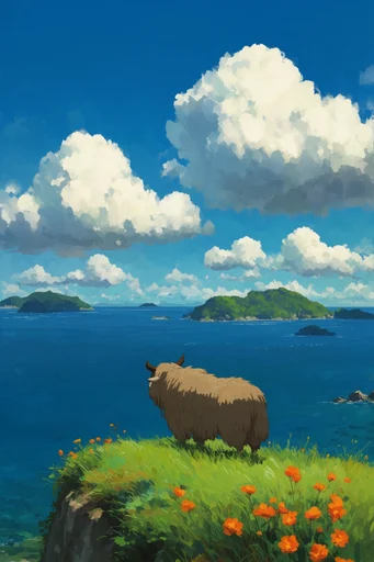 Painterly Anime Surrealism style reference image — towering cumulus clouds