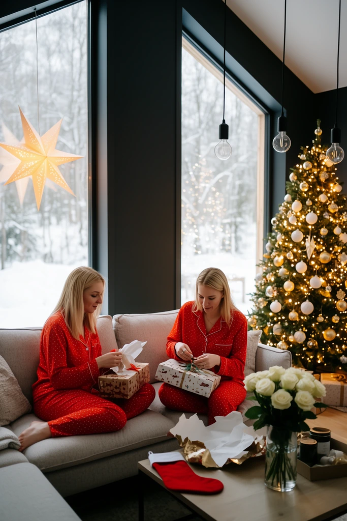 Two blonde women in matching red polka-dot pajamas sit on a light gray sofa opening presents in a modern living room. A warmly lit Christmas tree with white and gold ornaments stands in the corner. Dark charcoal walls frame large geometric windows revealing a snowy winter landscape, decorated with a glowing paper star and hanging bare-bulb pendant lights. In the foreground, a low coffee table displays a glass vase of white roses, a red stocking, and discarded wrapping paper. The slightly elevated perspective captures the cozy interior, emphasizing the rich contrast between the vibrant red sleepwear, the warm golden glow of the festive string lights, and the cool daylight radiating from the snowy exterior.