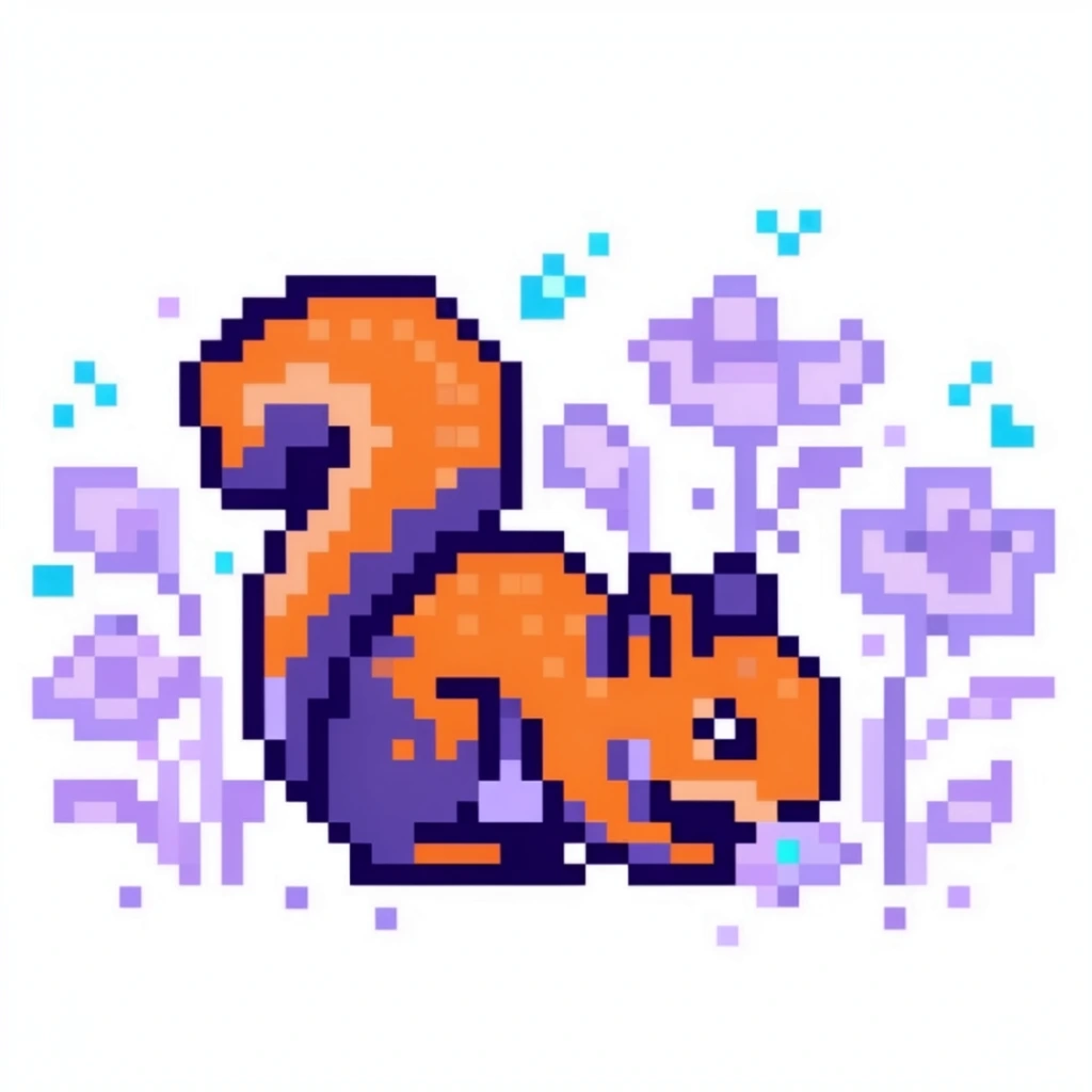 A pixel art illustration of a squirrel foraging among flowers, set against a stark, pure white background. The central squirrel is composed of chunky, distinct square pixels with heavy, thick dark indigo outlines. Its body features a high-contrast, limited color palette of vibrant warm orange and deep indigo, utilizing flat color blocking and clustered pixel shading. Surrounding the foraging squirrel are stylized, abstract floral shapes rendered in soft lavender and lilac hues. These botanical elements feature solid-colored edges that transition into scattered, individual floating square pixels. Small, bright cyan pixel clusters float above and around the flowers as suspended geometric particles. The entire composition embraces a retro 8-bit digital aesthetic, characterized by sharp, jagged stair-stepped edges, stark color boundaries, and a tightly clustered central mass that gently dissipates into isolated pixel blocks at the outer fringes of the artwork.