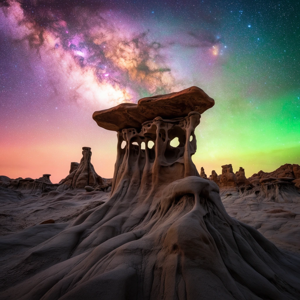 A towering, intricately eroded sandstone hoodoo commands a desolate desert landscape under a brilliantly vivid Milky Way night sky. The central rock formation features a broad, flat capstone supported by hollowed-out pillars with multiple natural windows. The foreground consists of smooth, undulating grey-brown mudstone terrain sculpted into fluid ridges and deep crevices, with smaller rock spires dotting the distance. Above, the sky bursts with a luminous purple, pink, and gold galactic core alongside countless sharp stars. A radiant gradient of warm peach and neon green airglow illuminates the horizon behind the dark silhouettes. Shot from a low-angle perspective, the composition emphasizes the alien grandeur of the weathered geology against the vibrant cosmic astrophotography.