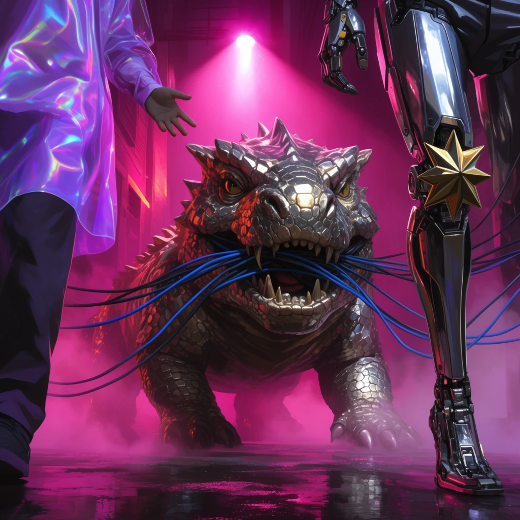 A stout metallic reptilian beast chews blue wires under a harsh pink neon spotlight. The creature stands in dense magenta fog within a slick futuristic alleyway. On the left, a figure in a holographic purple tunic reaches out. To the right, a cyborg steps forward on chrome mechanical legs featuring a star-shaped knee guard. The digital illustration uses a low-angle perspective, dynamic high-contrast lighting, and a vivid synthwave color palette focusing on metallic textures and volumetric fog.