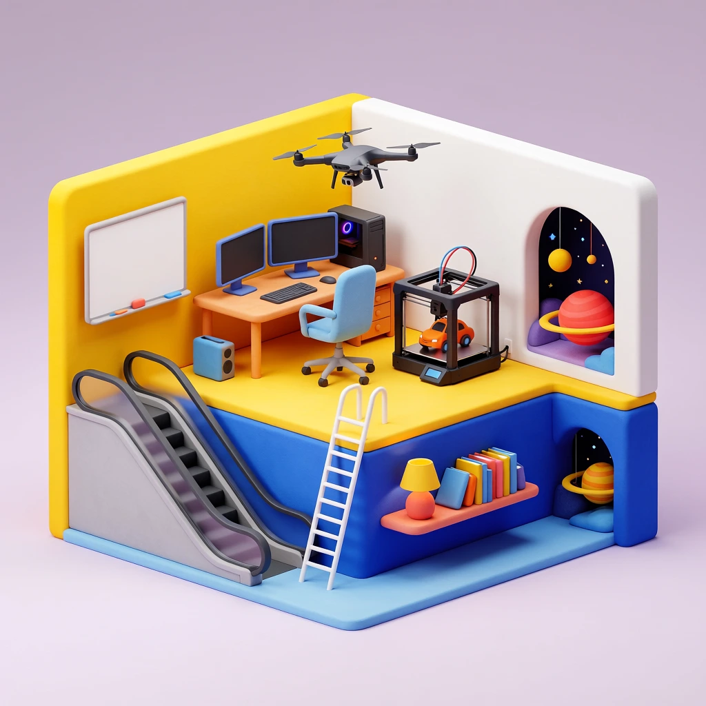 A vibrant, isometric 3D cross-section of a multi-level architectural workspace with smooth, clay-like textures. The central bright yellow and white room features a light blue rolling chair at a wooden desk equipped with dual monitors and a computer tower. A 3D printer sits nearby fabricating a small orange toy car while a dark grey quadcopter drone hovers above. A grey escalator descends on the left alongside a white presentation board. A white ladder connects down to a lower level defined by a deep blue wall, displaying a floating shelf with colorful books and a yellow lamp. Adjacent to this, an arched alcove reveals a miniature space diorama with hanging red and yellow planets against a dark starry backdrop. The clean, minimalist composition uses soft studio lighting and vivid primary colors against a seamless pastel purple background.