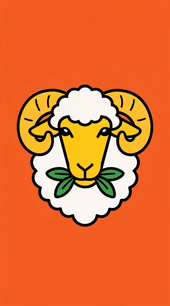 stylized ram head vector illustration, thick black outlines, fluffy white wool, yellow face with curved horns, green leaves in mouth, solid orange background, minimalist flat colors, symmetrical design