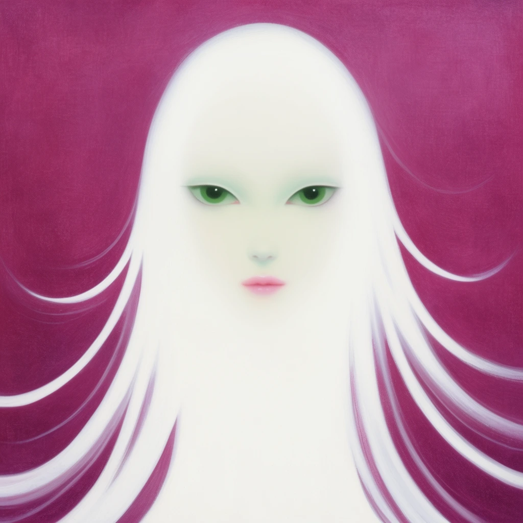 pale ethereal face blending into stark white flowing hair, large green almond eyes, delicate pink lips, sweeping curved hair tendrils, textured magenta background, minimalist surreal portrait