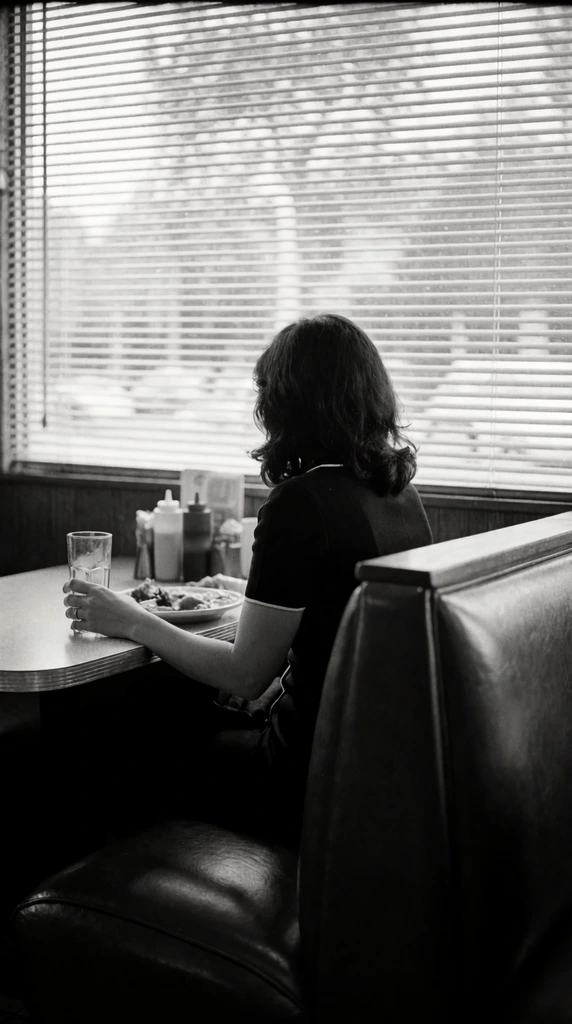 A black and white cinematic photograph of a woman seated alone in a diner booth, facing away toward a broad window covered by horizontal venetian blinds. She has dark, shoulder-length wavy hair and wears a dark short-sleeved top featuring thin white trim. Her left hand rests on a table, holding a tall glass beside a plate of food and condiment bottles. She sits on a dark, curved leather bench. Diffused natural light filters through the slatted blinds, casting soft, striped shadows across the grainy, high-contrast scene.