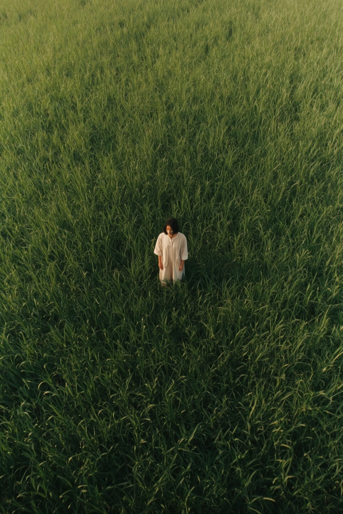aerial high-angle shot of a person standing alone in the center of a vast, dense field of tall green grass, the person appears small against the expansive field, wearing a light-colored garment, dark hair, subtle warm lighting, natural textures, organic patterns, immersive atmosphere, cinematic composition, filmic grain, subtle vignette effect, highly detailed