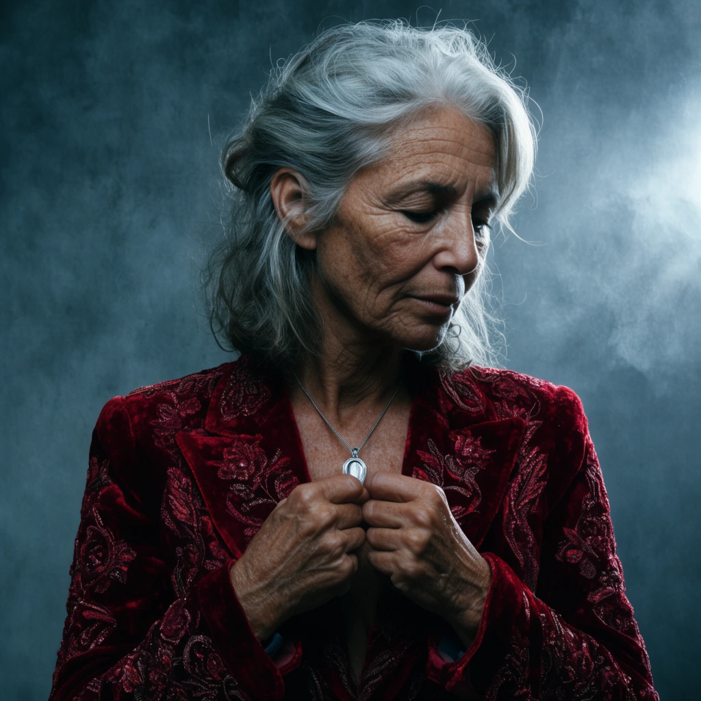 older rugged Mediterranean woman, heavily embroidered crimson velvet blazer, head bowed slightly, hands clasping a silver pendant, dramatic studio lighting, glowing rim light on facial features, textured misty slate grey backdrop, cool shadow tones, high contrast editorial photography