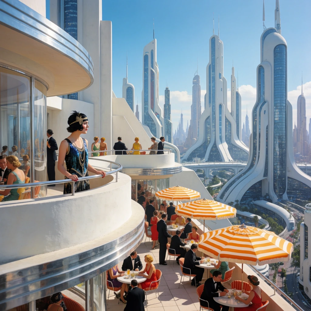 A young woman in a sequined flapper dress stands on a curved Art Deco balcony overlooking a bustling rooftop cafe. Guests relax at tables under bright striped umbrellas on lower terraces. The vibrant technicolor scene features sleek white geometric architecture set against a sprawling futuristic metropolis with towering skyscrapers and a clear blue sky.
